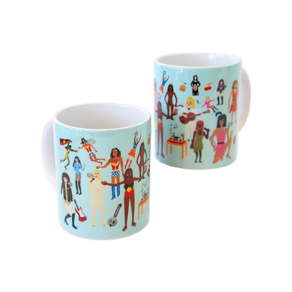 Mug featuring illustrations of different women by artist Kaylene Whiskey