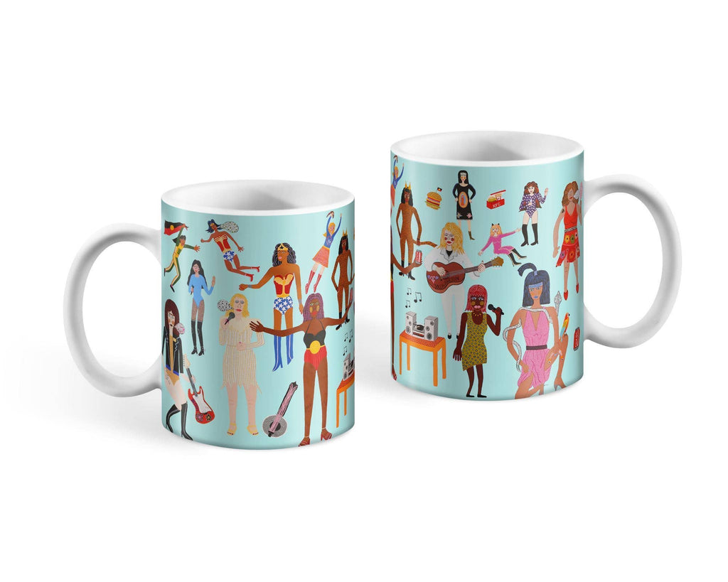 Mug featuring illustrations of different women by artist Kaylene Whiskey